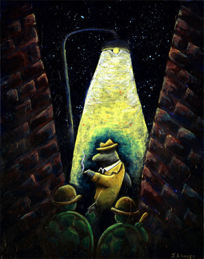 #2: Sam Flipper, Dolphin Detective, Ambushed by the Turtellini Brothers (1/26/14)
This is painting number 2 in my “year of paintings.” This is a follow up to the digital painting I made way back: Dolphin Noir.
For this one I decided to reuse a panel...