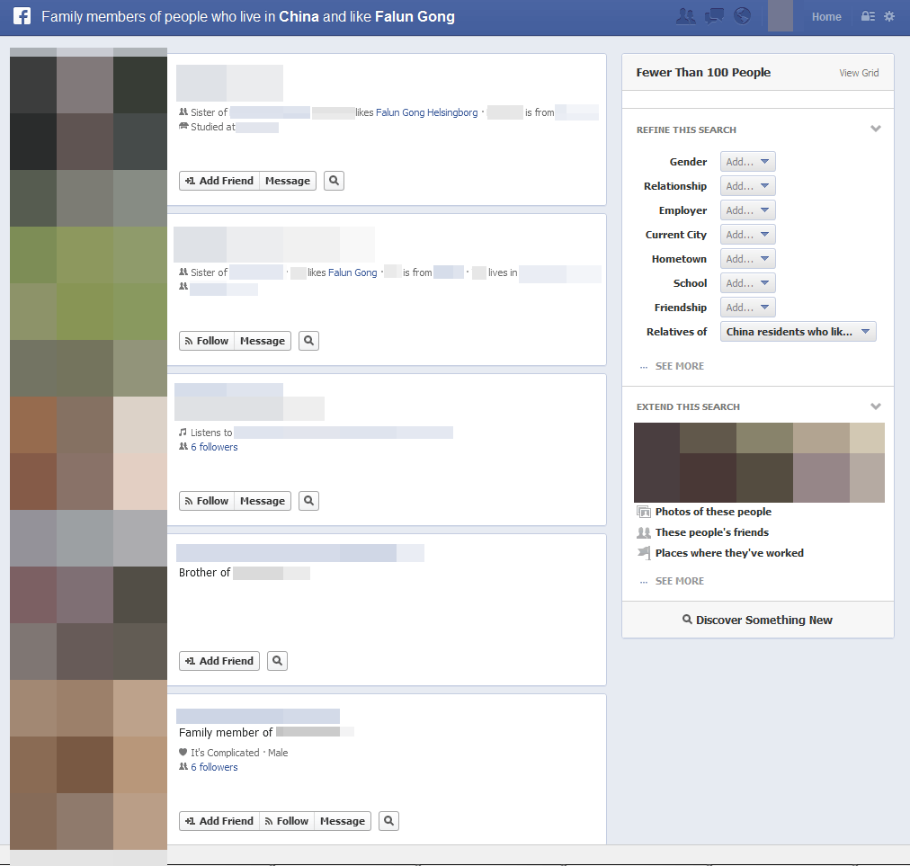 “Family members of people who live in China and like [the very very banned] Falun Gong”