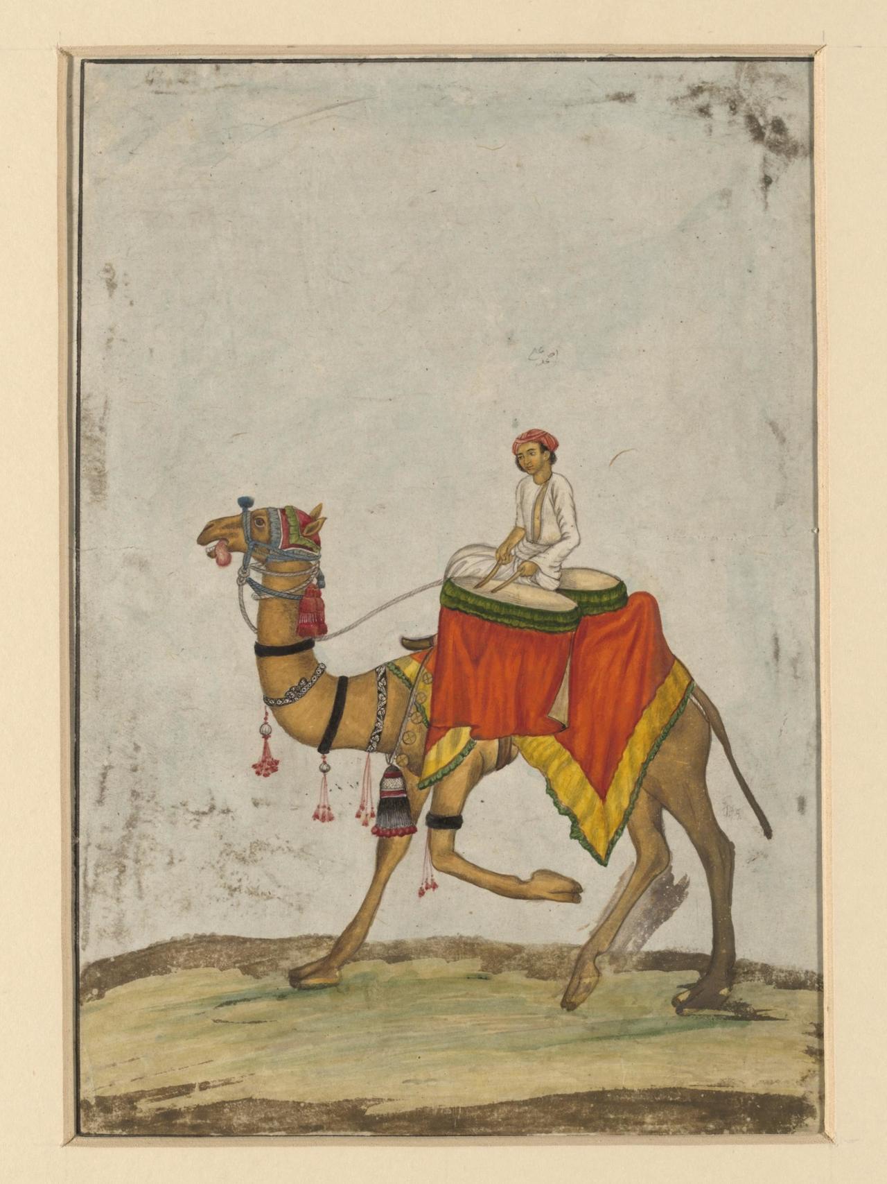 A Camel and it’s Rider Playing Kettledrums
Mazar Ali Khan
Delhi, India, Mughal, c. 1840
Gouache
© Victoria & Albert Museum, London
One of six figures, this painting likely depicts the Mughal Emperor’s ceremonial procession on the occasion of Eid.