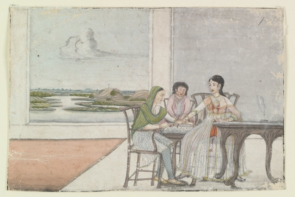 Three Generations of Women Writing
India, Mughal, 18th - early 19th century
Watercolors and gilt on paper