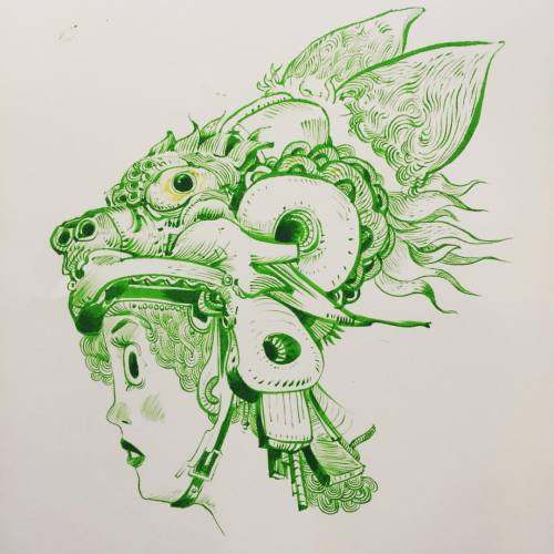 Dragonhead. Thanks @joon_the_goon for mentioning #sketchback challenge. The theme was helmet on woman’s head. #drawing #instaart #ink #brushpen #green #jacksondryden