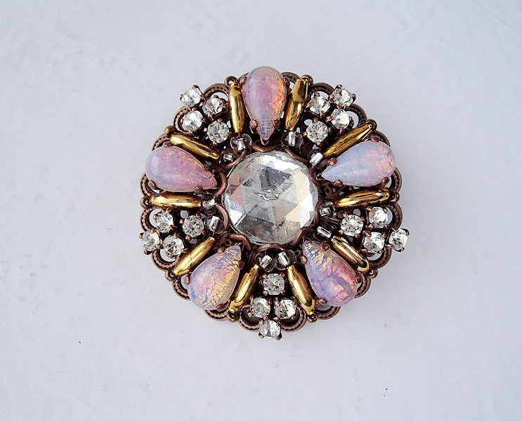 Glass opal rhinestone brooch. Vintage style jewellery.