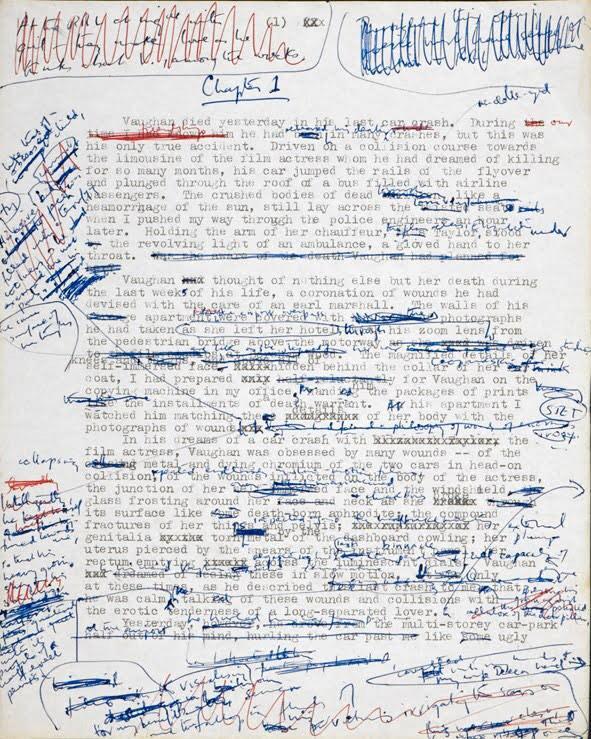 brucesterling:
“ *J G Ballard working on the opening page of his manuscript of “Crash” ”