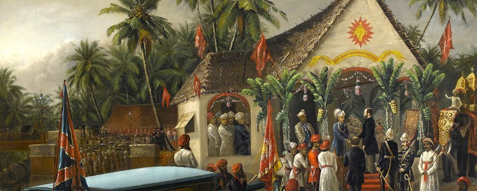 The Maharaja of Travancore and his younger brother welcoming Richard Temple-Grenville, 3rd Duke of Buckingham and Chandos, Governor-General of Madras (1875-80), on his official visit to Trivandrum in 1880
oil on canvas, inscribed on the reverse in a...