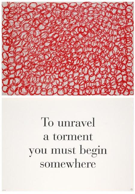 tremendousandsonorouswords:
“ Louise Bourgeois, To Unravel a Torment You Must Begin Somewhere, no. 8 of 9, from the series What is the Shape of this Problem?, 1999
”