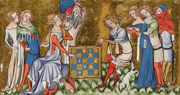 A woman playing chess against a man
This illustration comes from the ‘Vows of the Peacock’, a 14th century illuminated manuscript by Jacques de Longuyon.
The women wear kirtles, some with sideless surcoats over them and one with tippets (fabric...