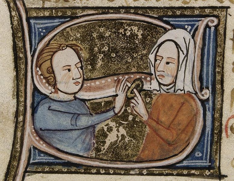 openmarginalis:
““Detail of an historiated initial ‘S’(sponsus) of a man placing a ring on a woman’s finger.”, James le Palmer, ca. 14th century via The British Library, Wikimedia Commons, Public Domain
”