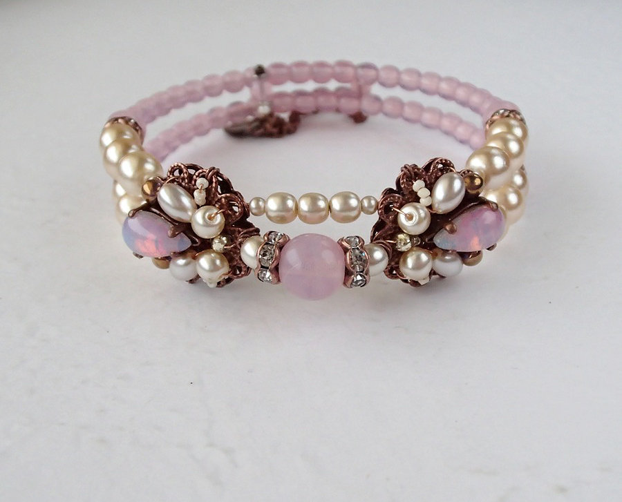 Pink opal and pearl cuff bracelet.