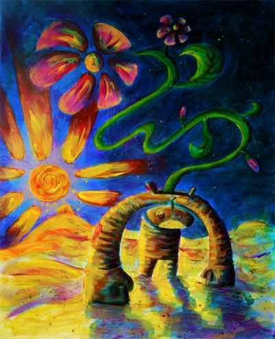 #3: Seedling (2/13/14)
This is painting number 3 in my year of paintings. Kind of a different thing than usual. Early on I decided it was left-heavy, but didn’t know how to balance it out. Still I love the colors in the robot and the landscape.