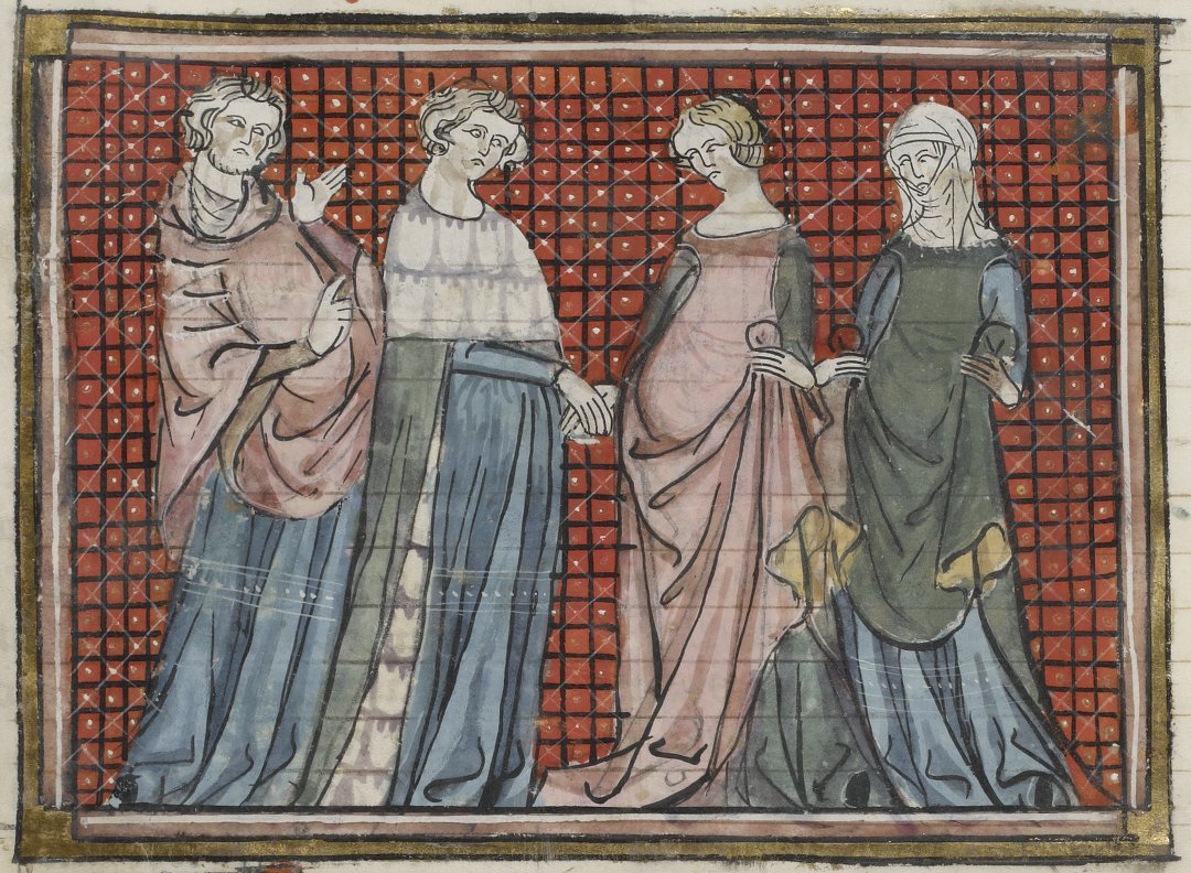 illumanu:
“second quarter of the 14th century (1325-1350 (1340?)), French - Paris
Bibliothèque nationale de France
Français 761: Artus le Restauré
fol. 25v - engagement of Hector de Blois and...