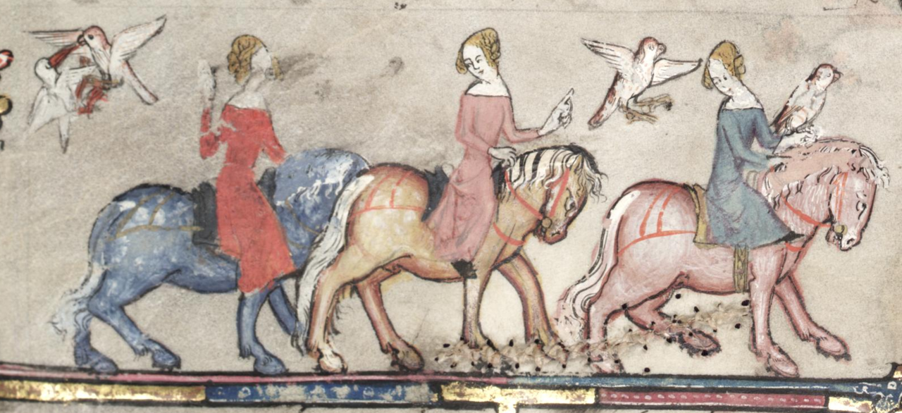 illumanu:
“ 14th century (1338-1344) France?
Oxford University, Bodleian Library
Bodley 264: Romance of Alexander; illuminated by Jehan de Grise (Flemish)
fol. 80v - detail of three women riding astride,...