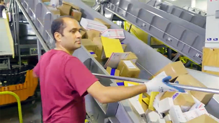 USPS Mail Handler Assistant sorting through mail.