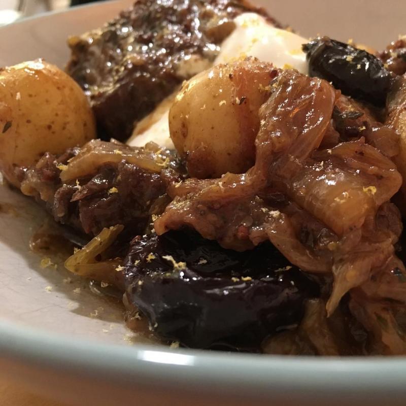 Beef brisket and prunes cooked in ale.