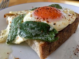 Eating a piece of toast with an egg and fried sage leaves on top. 🍳