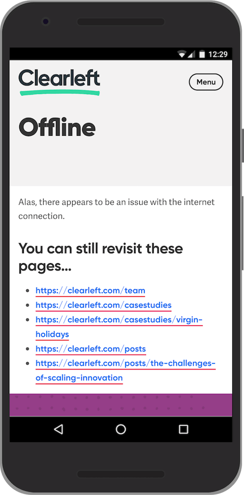 A custom offline page showing a list of URLs.