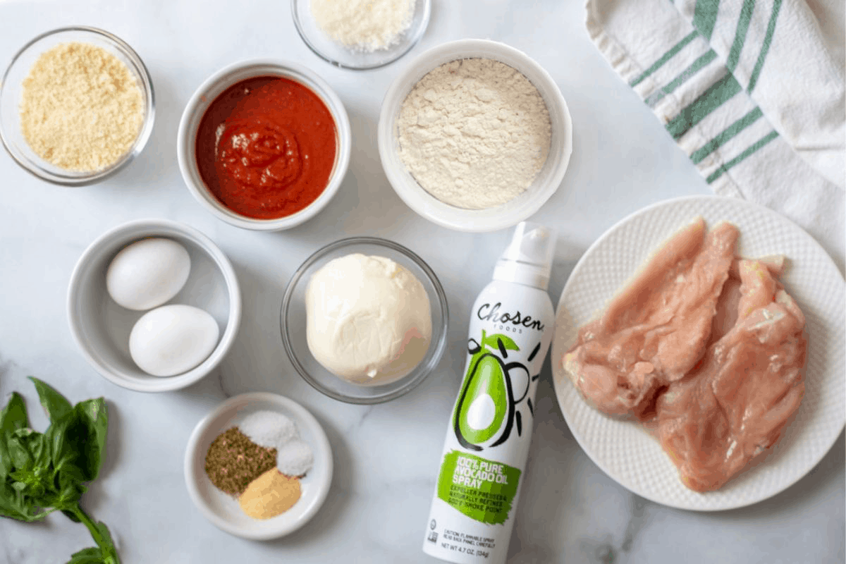 Ingredients for Air Fryer Chicken Parmesan on counter. 