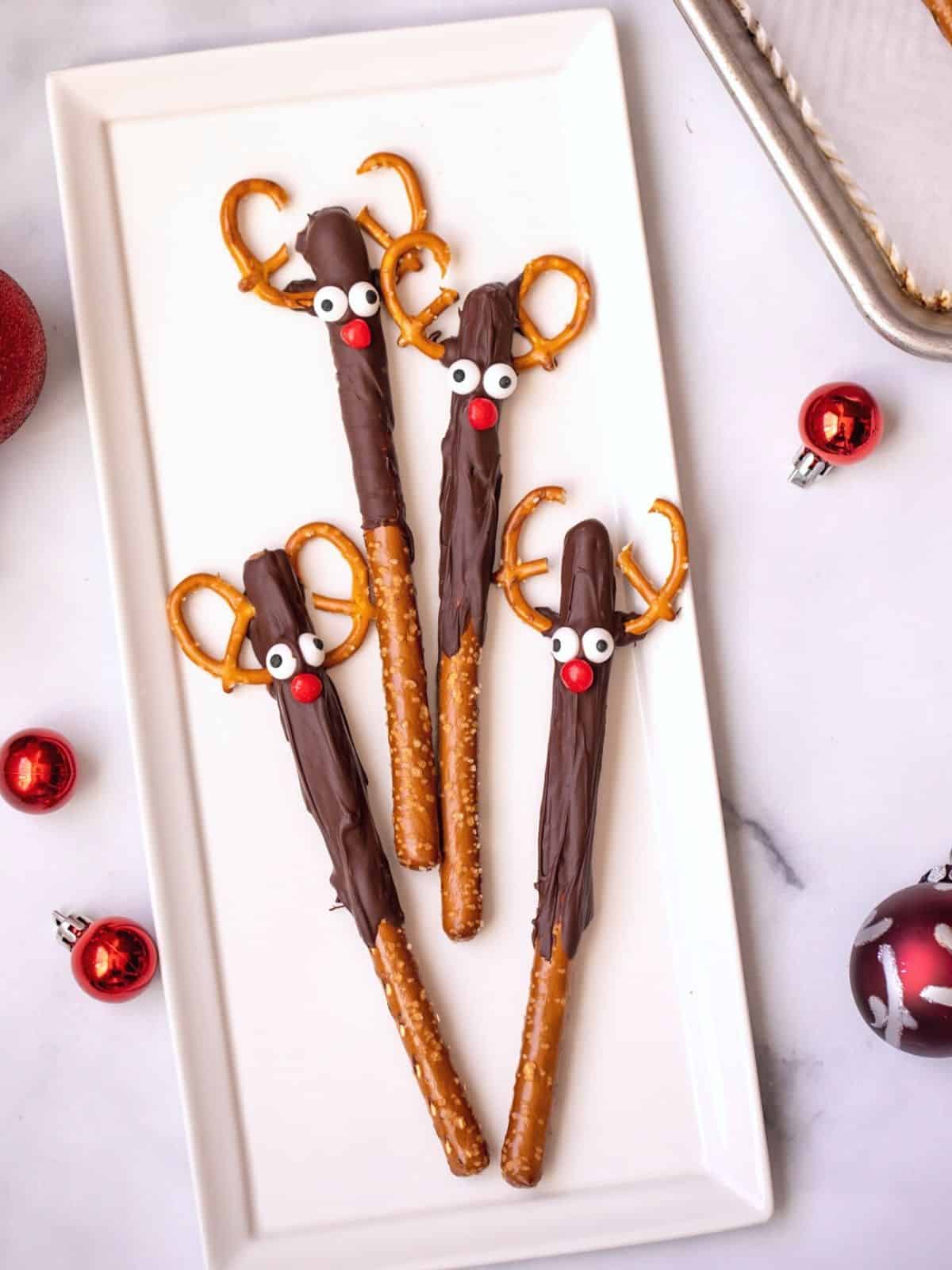 Reindeer Pretzels on white platter.