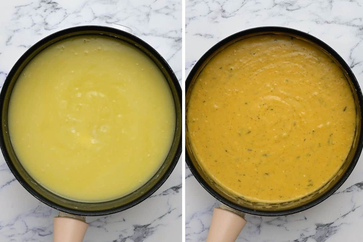 Side by side photos of saucepan with creamy sauce for chicken and rice casserole before and after adding cheese.