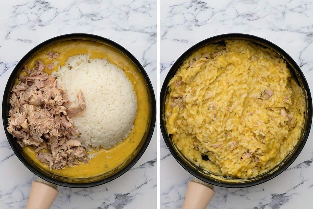 Side by side photo of saucepan before and after mixing rice and chicken into cheesy sauce for cheesy chicken and rice. 