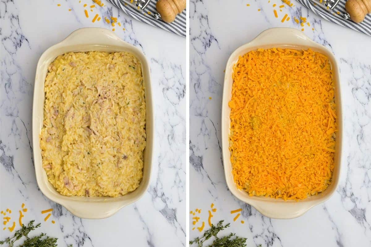 Side by side photo showing chicken and rice casserole spread out in casserole dish before and after topped with cheese.