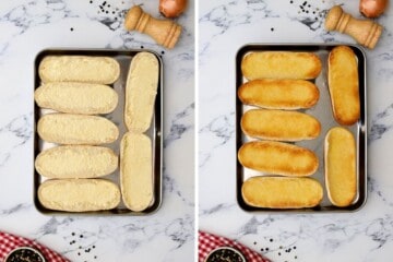 Side by side photo of hoagie buns brushed with softened butter before and after toasting the buns.