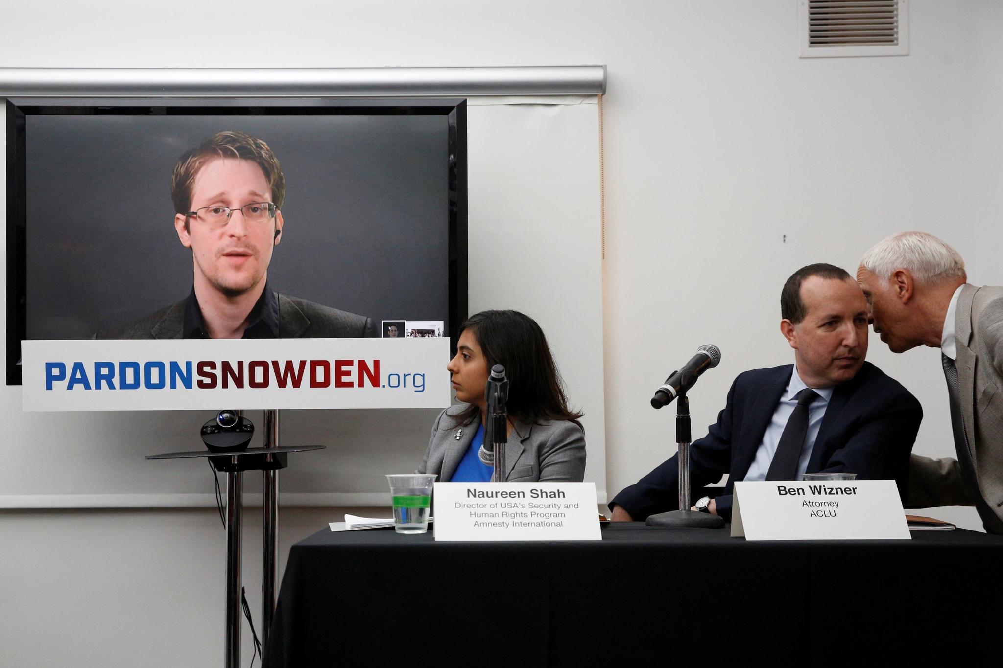 Edward Snowden speaks via video link during a news conference in New York City, on September 14.