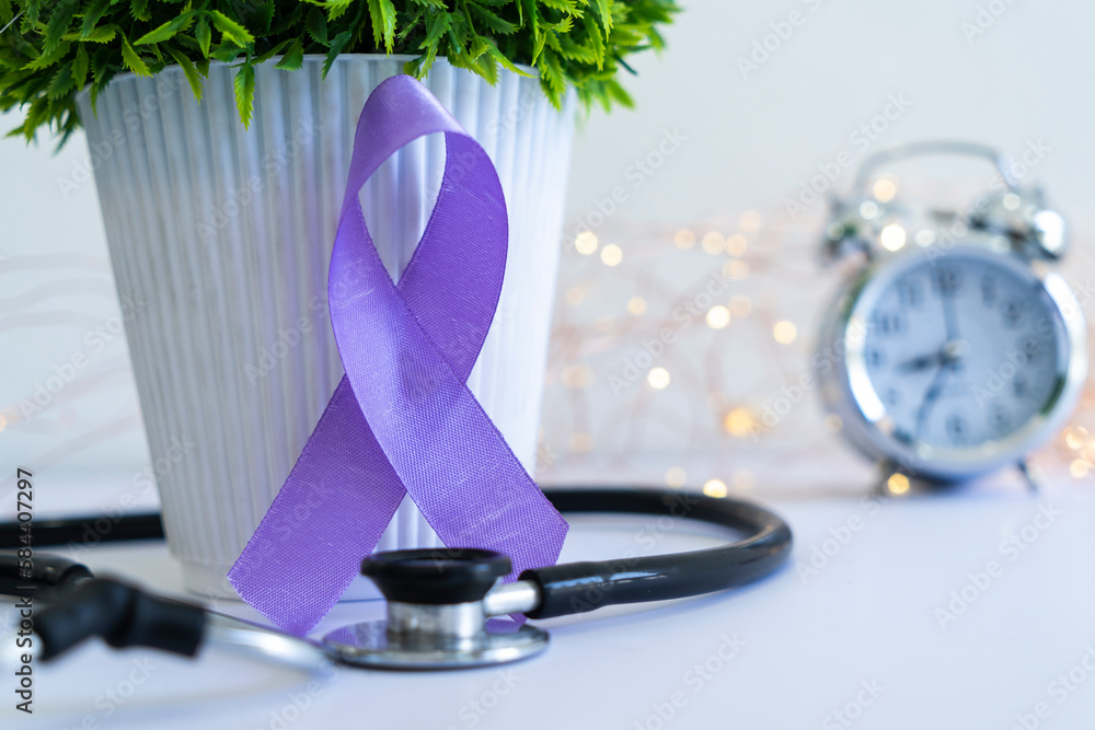 Cancer Control Month purple colour ribbon image, awareness day concept image