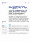 Research paper thumbnail of Study of efficacy and longevity of immune response to third and fourth doses of COVID-19 vaccines in patients with cancer: A single arm clinical trial