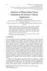 Research paper thumbnail of Analysis of Photovoltaic Power Generation for Electric Vehicle Application