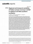 Research paper thumbnail of Regional and Temporal Variability of Indian Summer Monsoon Rainfall in relation to El Niño Southern Oscillation