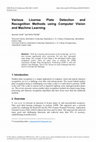 Research paper thumbnail of Various License Plate Detection and Recognition Methods using Computer Vision and Machine Learning