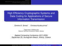 Research paper thumbnail of High Efficiency Cryptographic Systems and Data Coding for Applications of Secure Information Transmission