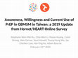 Research paper thumbnail of Awareness, Willingness and Current Use of PrEP in GBMSM in Taiwan: a 2019 Update from Hornet/HEART Online Survey