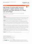 Research paper thumbnail of High burden of antimicrobial resistance among gram negative bacteria causing healthcare associated infections in a critical care unit of Nepal