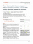 Research paper thumbnail of Factors influencing COVID-19 vaccine acceptance in Indonesia: an adoption of Technology Acceptance Model