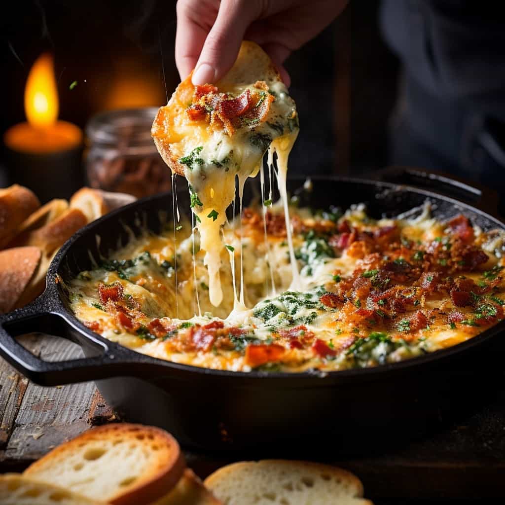 Side view of a cast-iron pan filled with cheesy Bacon Spinach Dip, a piece of bread suspended above it, showing off the dip's stringy, melted cheese.