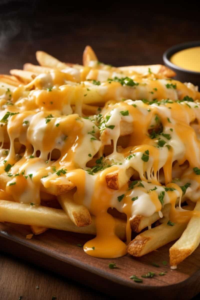 golden cheese fries generously topped with melted cheddar and mozzarella, garnished with fresh chives.