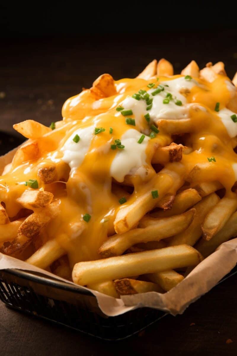 golden cheese fries generously topped with melted cheddar and mozzarella, garnished with fresh chives.