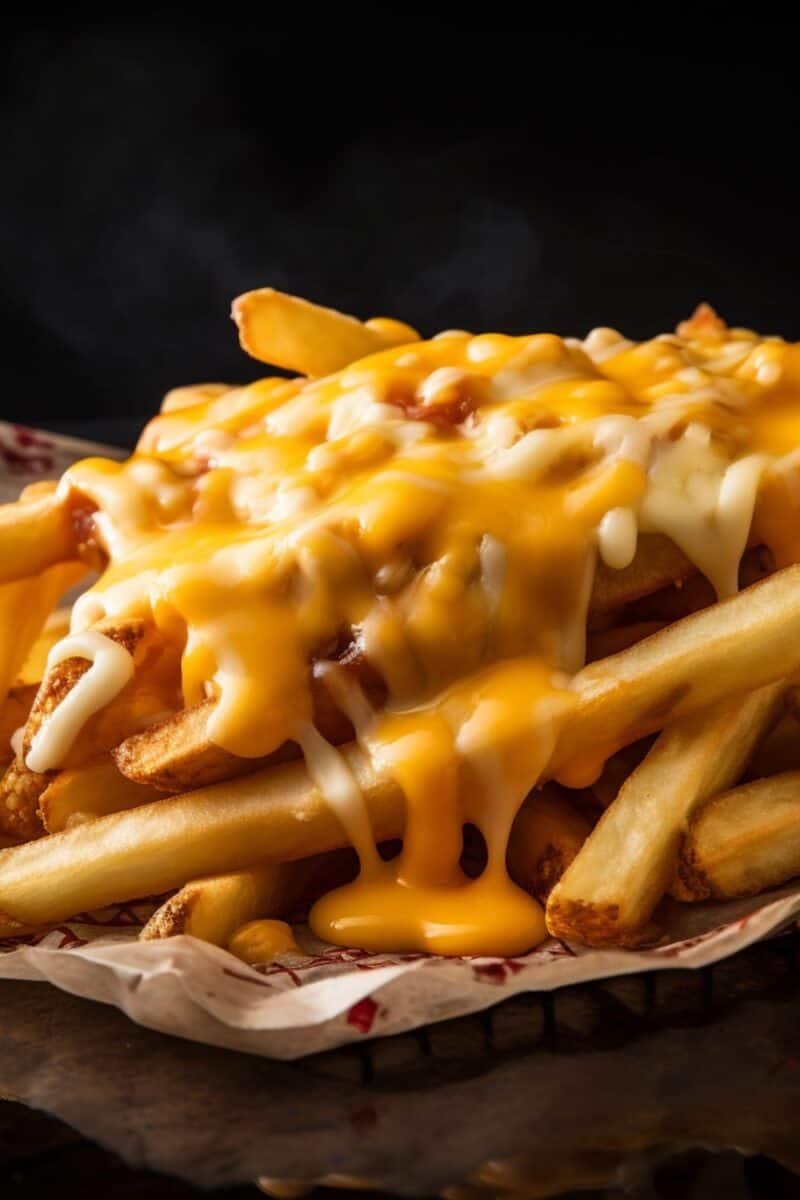 Close-up of crispy cheese fries with a gooey blend of cheddar and mozzarella, perfect for a delicious snack