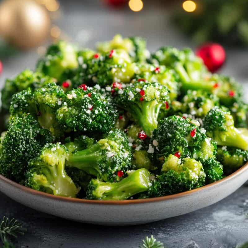 A festive bowl of roasted broccoli topped with grated Parmesan cheese and red pepper flakes, perfect as a Keto Christmas side dish. The bright green broccoli contrasts with the snowy white cheese and red accents, creating a colorful holiday presentation.