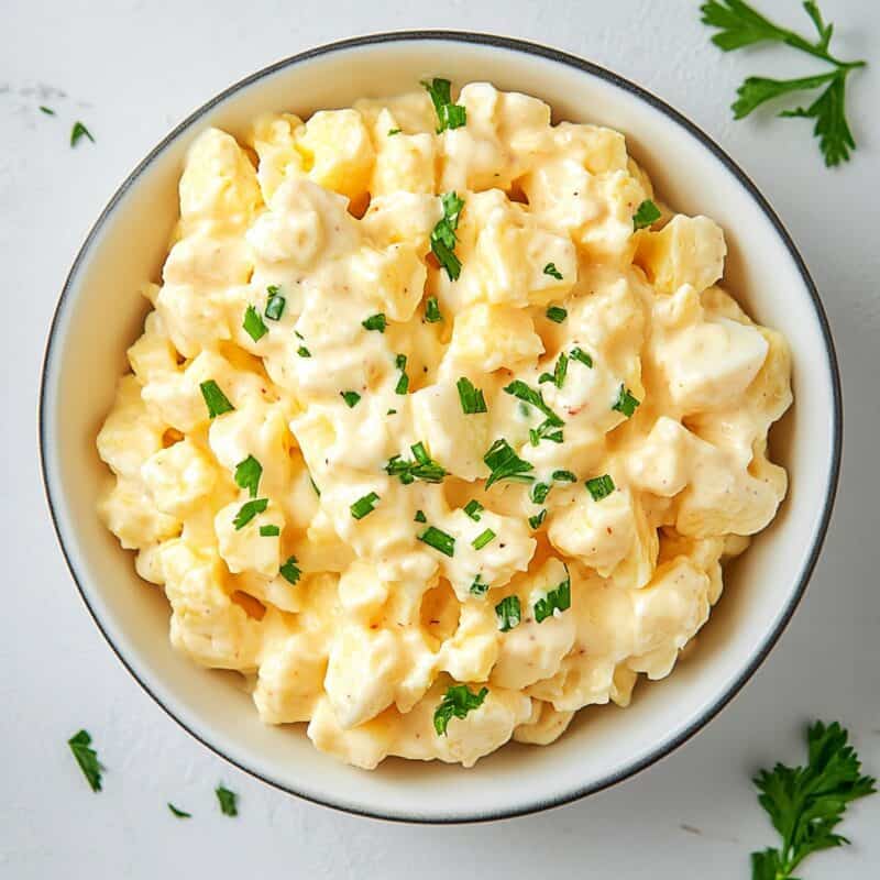 A perfectly styled bowl of creamy egg salad on a white background, surrounded by scattered parsley leaves for a fresh presentation.