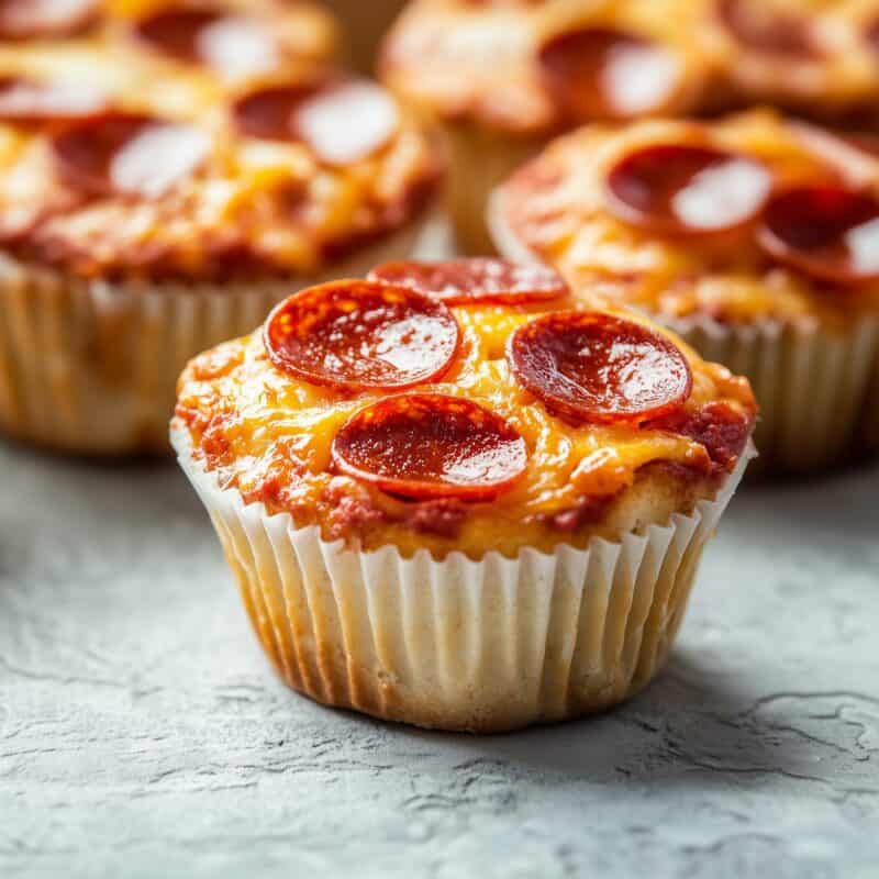 Square frame showing a batch of Pepperoni Pizza Muffins with glistening melted cheese and crispy pepperoni slices, arranged on a rustic gray surface.