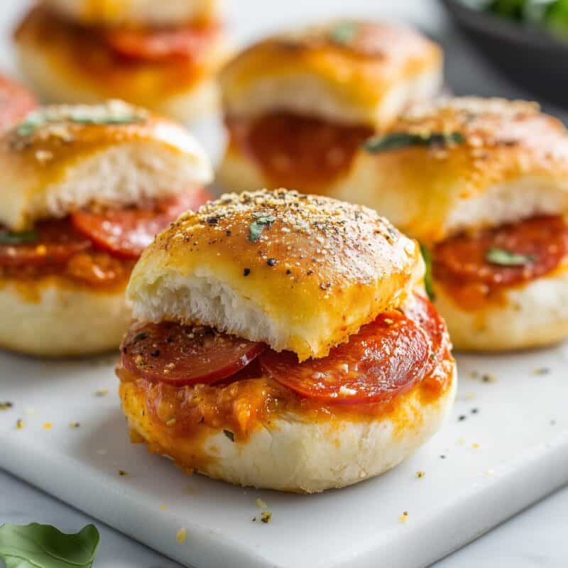 Close-up of a Pepperoni Pizza Slider with golden-brown buns, melted mozzarella cheese, pepperoni slices, and a butter glaze topped with herbs and grated Parmesan. The slider sits on a white marble surface with more sliders slightly blurred in the background.