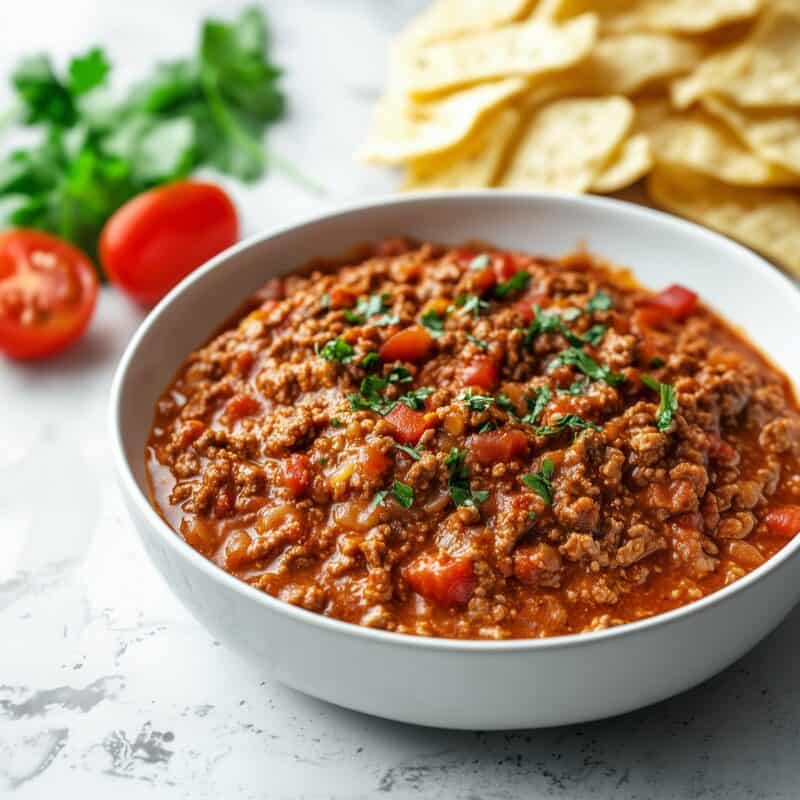 A serving of Sloppy Joe Dip in a ceramic bowl, showing its hearty mixture of ground beef, tomatoes, and sauce, garnished with fresh parsley and surrounded by tortilla chips.