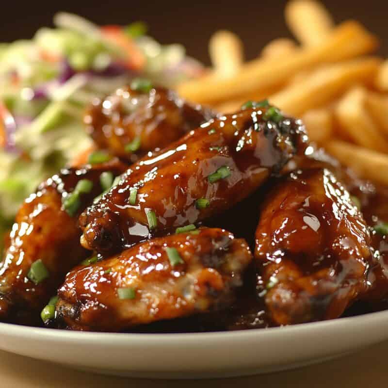 Close-up of sticky, glazed chicken wings sprinkled with chopped green onions on a white plate, with coleslaw and fries in the background.