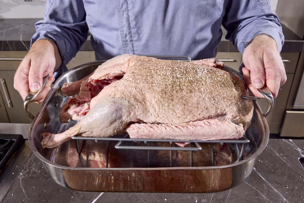 a seasoned goose, ready to cook