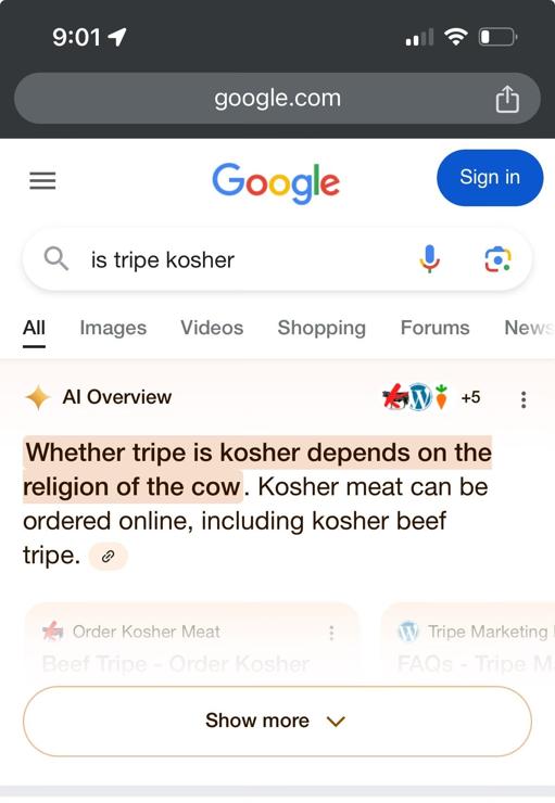 A screenshot of a Google search for "is tripe kosher." The highlighted text discusses that whether tripe is kosher depends on the cow's religious status.