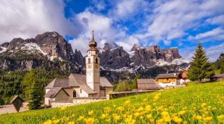 Dolomites, Italy - italy, summer, meadow, alps, spring, wildflowers, church, grass, dolomites, sky, view, mountain