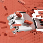 Metal Robotic Hand Breaking Through From Brick Wall