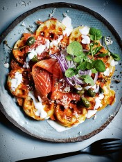 potato waffles with smoked salmon and creamy buttermilk dressing